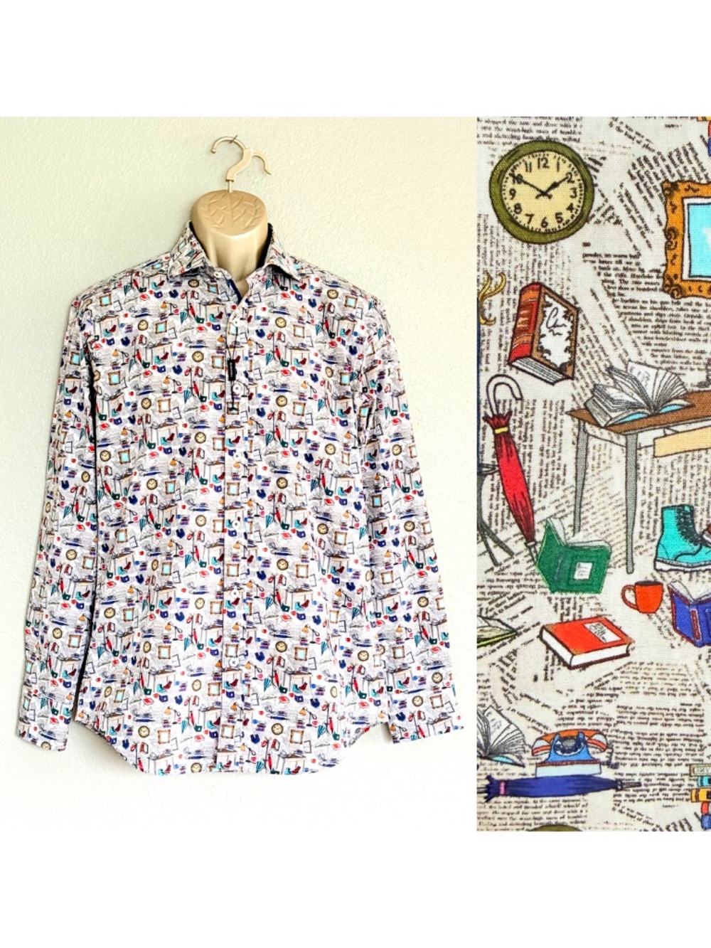 BUGATCHI Academia Novelty Print Shaped Fit Long Sleeve Cotton Shirt Sz S NWT